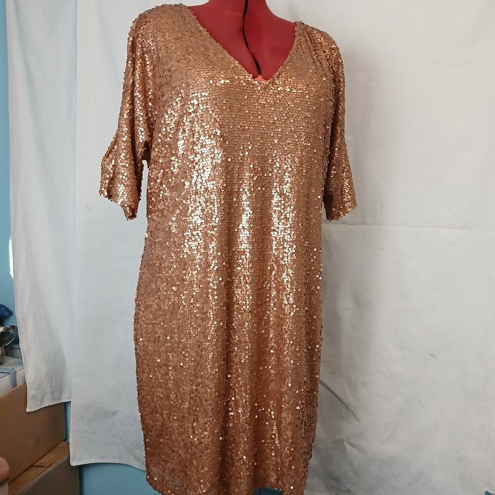 Gold Sequinned Shift Dress with Peek-A-Boo Sleeves & Keyhole Back